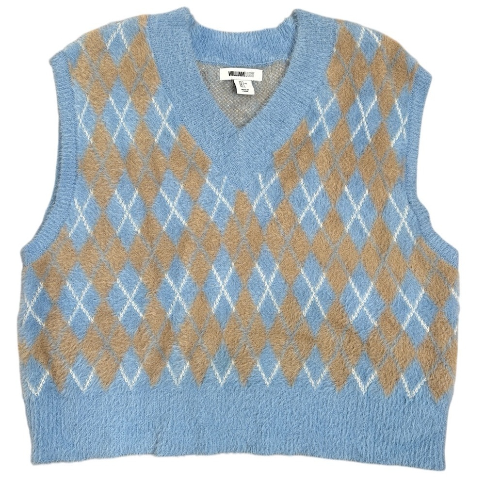 William Rast Womens Argyle Sweater Vest Large Cropped Fuzzy Knit Top Academic